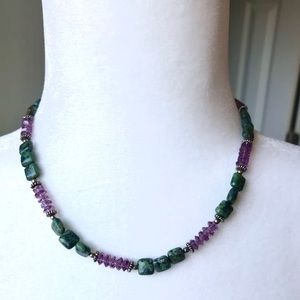 Green agate & purple amethyst healing crystal and sterling 925 silver necklace